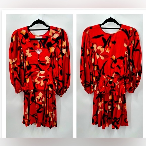 BAND OF THE FREE Dolly red floral puff sleeve woman mini bohemian dress NWT M - Picture 2 of 14
